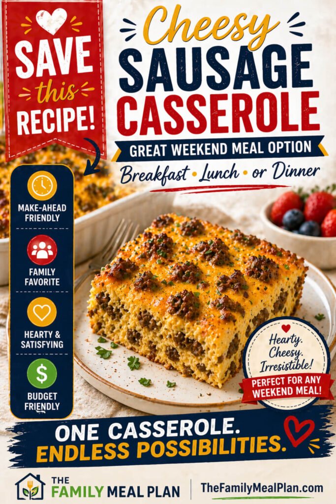 Cheesy sausage casserole save this recipe pin for a great weekend meal option