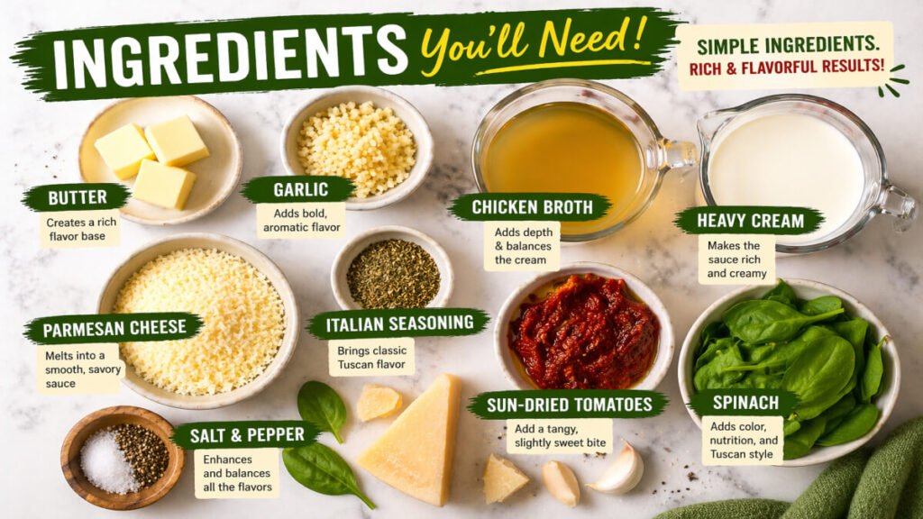 Ingredients for creamy garlic parmesan sauce Tuscan style including butter garlic parmesan cheese cream spinach and sun-dried tomatoes