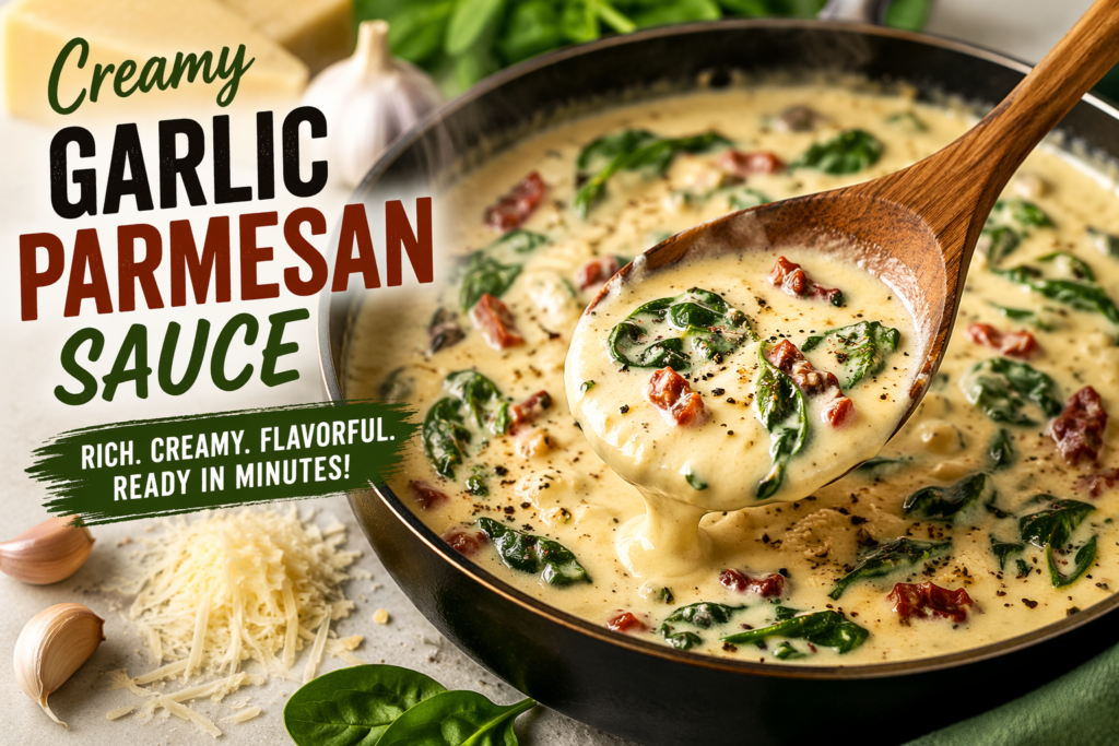 Creamy garlic parmesan sauce in a skillet with spinach and sun-dried tomatoes, Tuscan style recipe