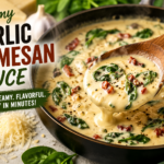 Creamy garlic parmesan sauce in a skillet with spinach and sun-dried tomatoes, Tuscan style recipe