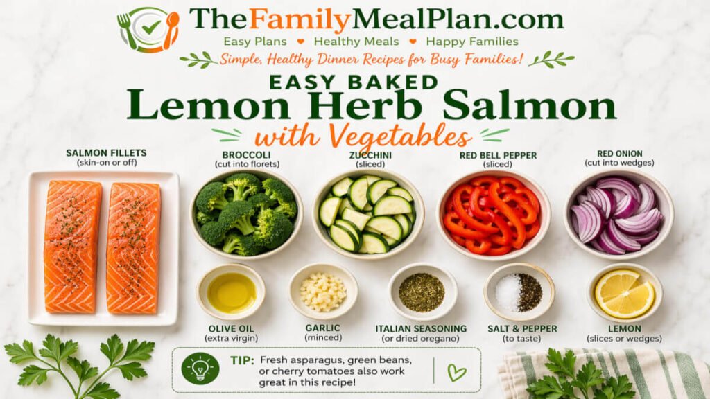 Ingredients for easy baked lemon herb salmon with vegetables healthy sheet pan dinner