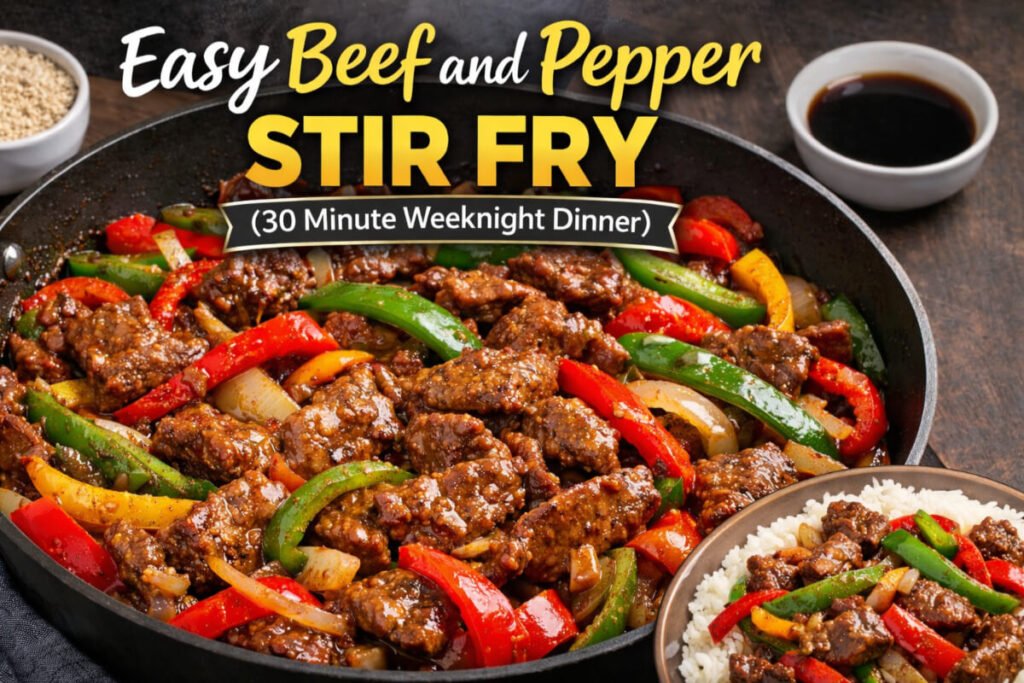 Easy beef and pepper stir fry in a skillet with bell peppers and savory sauce, served with rice