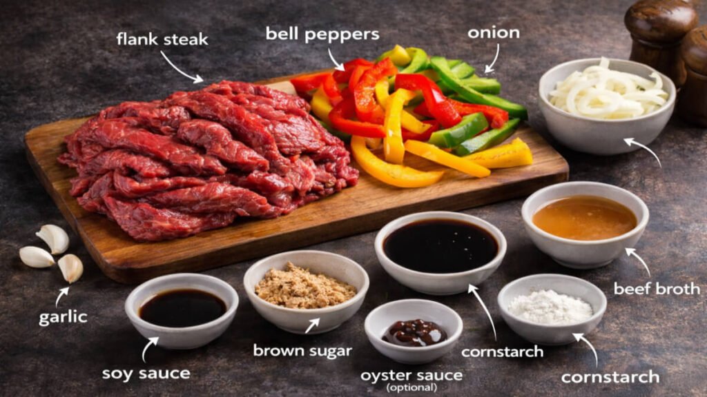 Ingredients for easy beef and pepper stir fry including sliced beef, bell peppers, onion, garlic, and stir fry sauce components