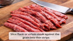 Thinly sliced raw beef on a cutting board for beef and pepper stir fry