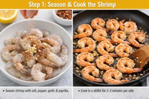 Seasoning raw shrimp with garlic, spices, and cooking in a skillet for lemon garlic shrimp pasta