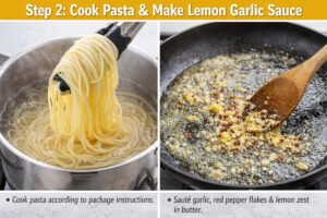 Cooking pasta in boiling water and sautéing garlic in butter for lemon garlic shrimp pasta sauc