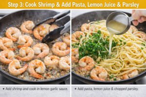 Adding cooked shrimp, pasta, lemon juice, and parsley in skillet for lemon garlic shrimp pasta