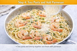 Tossing shrimp pasta with sauce and adding grated parmesan cheese