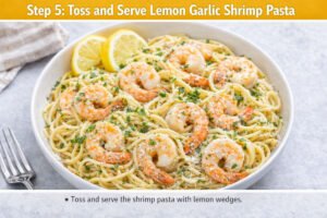 Finished lemon garlic shrimp pasta served in a bowl with parsley and lemon wedges