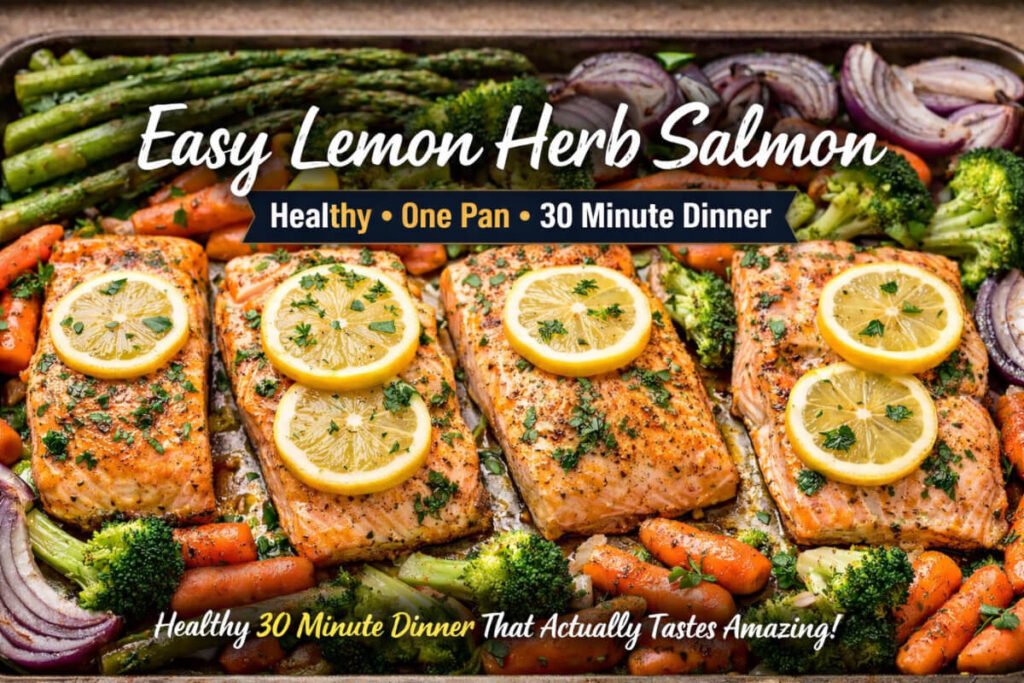 Easy baked lemon herb salmon with roasted vegetables on a sheet pan healthy 30 minute dinner