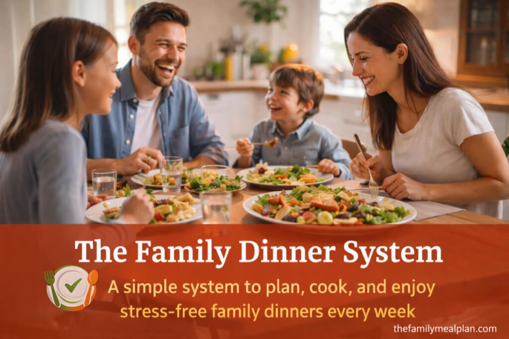Family enjoying a healthy dinner together at home representing a simple family dinner system for busy households