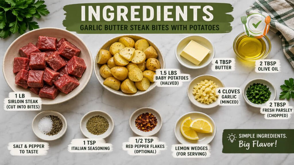 Ingredients for garlic butter steak bites with potatoes including steak, potatoes, garlic, butter, and seasonings