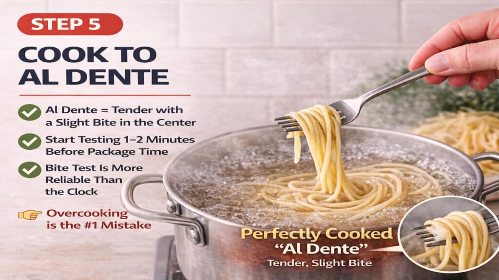 Testing pasta for al dente doneness with a fork to achieve tender texture with a slight bite