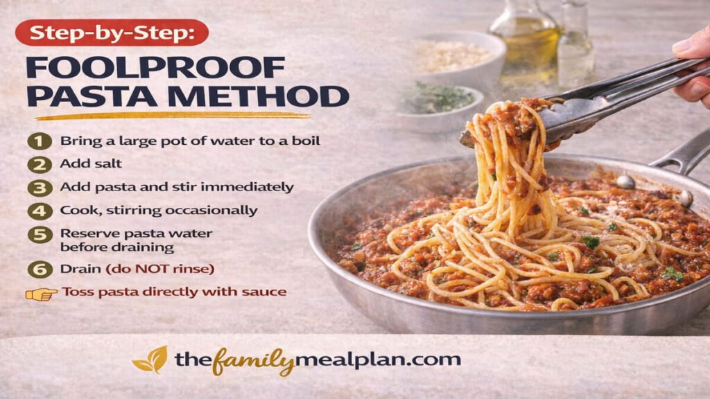 Step-by-step foolproof pasta cooking method showing how to boil, salt, cook, and finish pasta with sauce