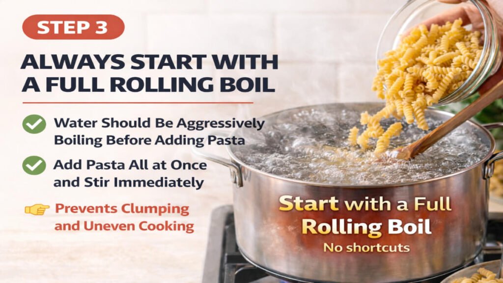 Adding pasta to a pot of aggressively boiling water to ensure even cooking and prevent clumping