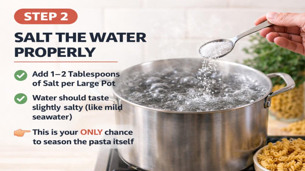 Adding salt to boiling pasta water to properly season pasta and improve flavor