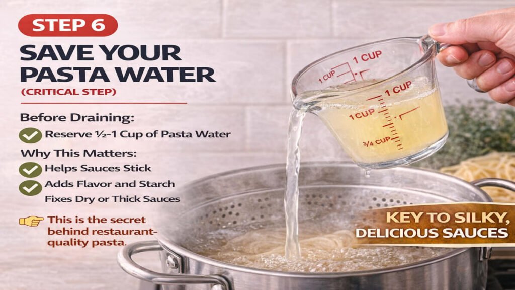 Pouring reserved pasta water into a measuring cup to improve sauce texture and flavor