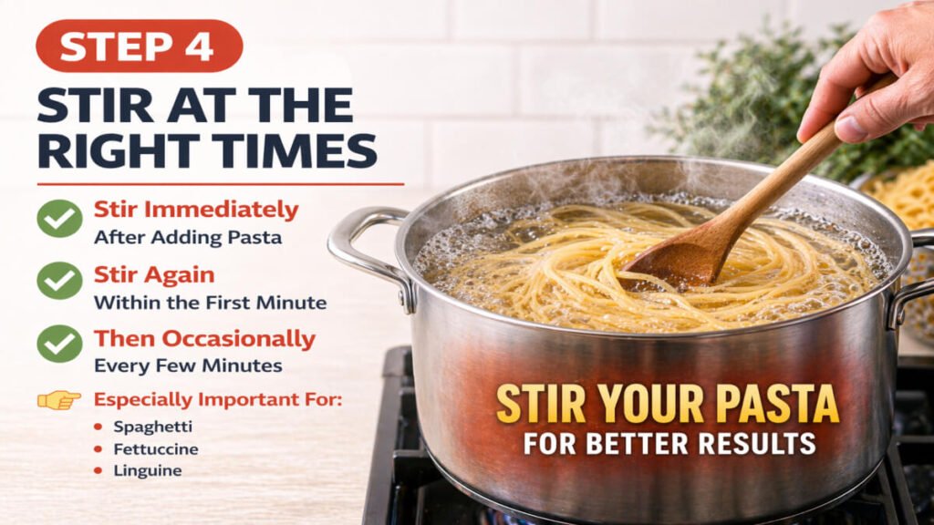Stirring pasta in boiling water immediately after adding to prevent sticking and ensure even cooking