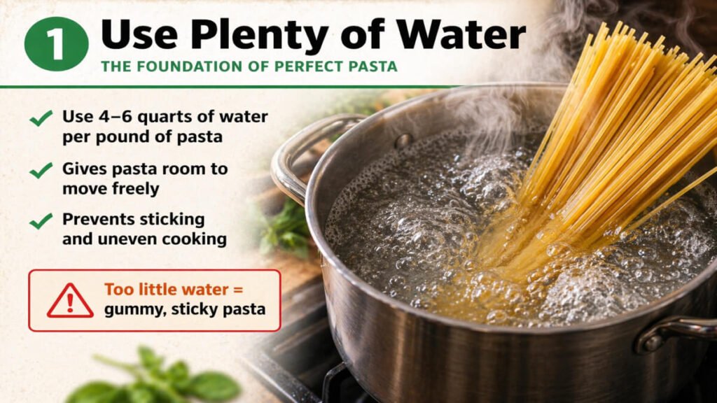 Vertical guide showing how to use plenty of water when cooking pasta to prevent sticking and ensure even cooking