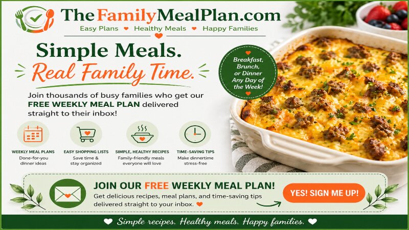 Join free weekly meal plan featuring cheesy sausage casserole for easy family meals and weekend recipes