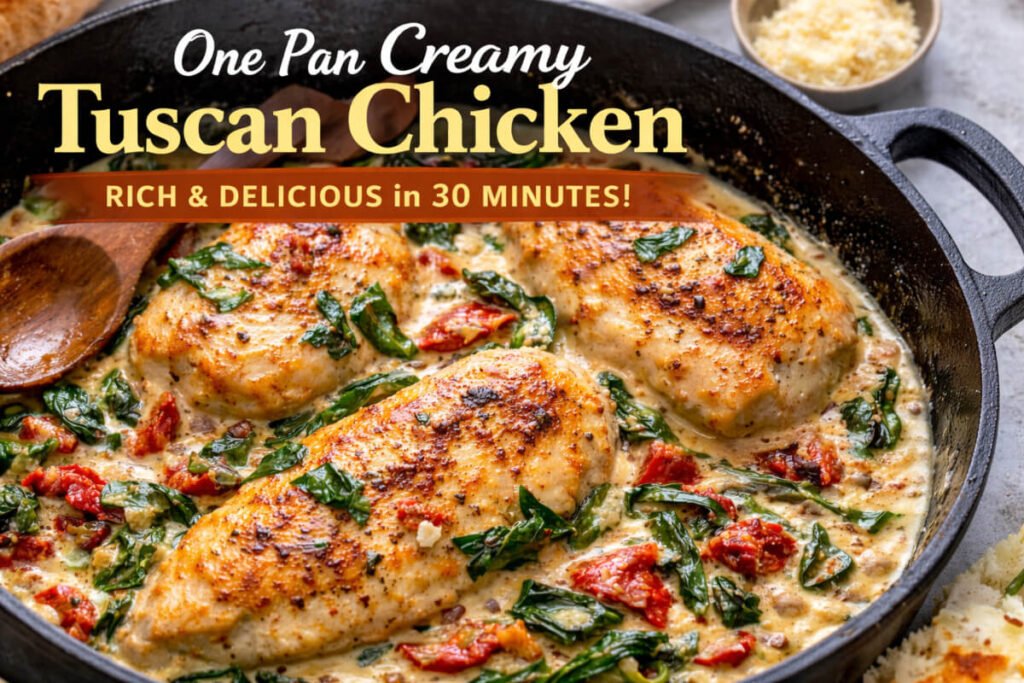 One pan creamy Tuscan chicken with sauce made from scratch in a skillet with spinach and sun-dried tomatoes