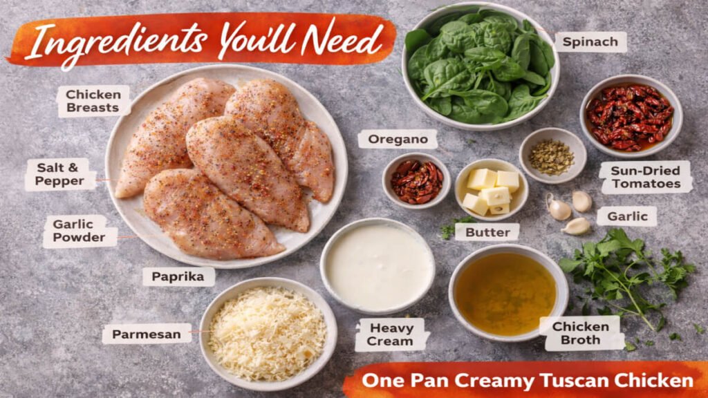 Ingredients for one pan creamy Tuscan chicken including chicken breasts, spinach, sun-dried tomatoes, garlic, parmesan, cream, and broth