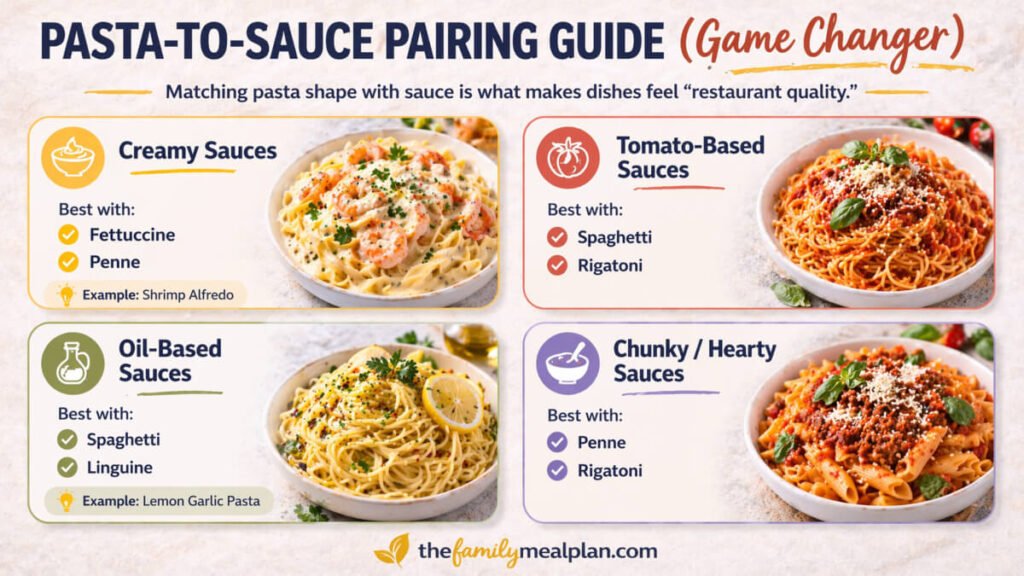 Pasta to sauce pairing guide showing best pasta shapes for creamy, tomato-based, oil-based, and hearty sauces