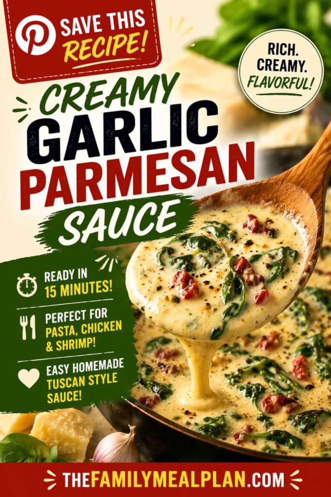 Pinterest save pin for creamy garlic parmesan sauce Tuscan style, quick 15-minute sauce for pasta chicken and shrimp