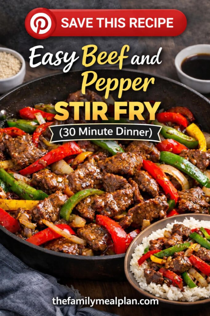 Pinterest save this recipe graphic for easy beef and pepper stir fry with thefamilymealplan.com branding