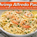 Creamy shrimp Alfredo pasta with fettuccine, garlic Parmesan sauce, and fresh parsley in a white bowl