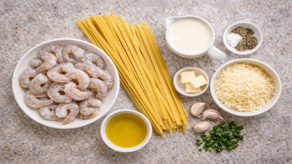 Ingredients for shrimp Alfredo pasta including shrimp, fettuccine, garlic, heavy cream, Parmesan cheese, butter, and olive oil arranged on a surface