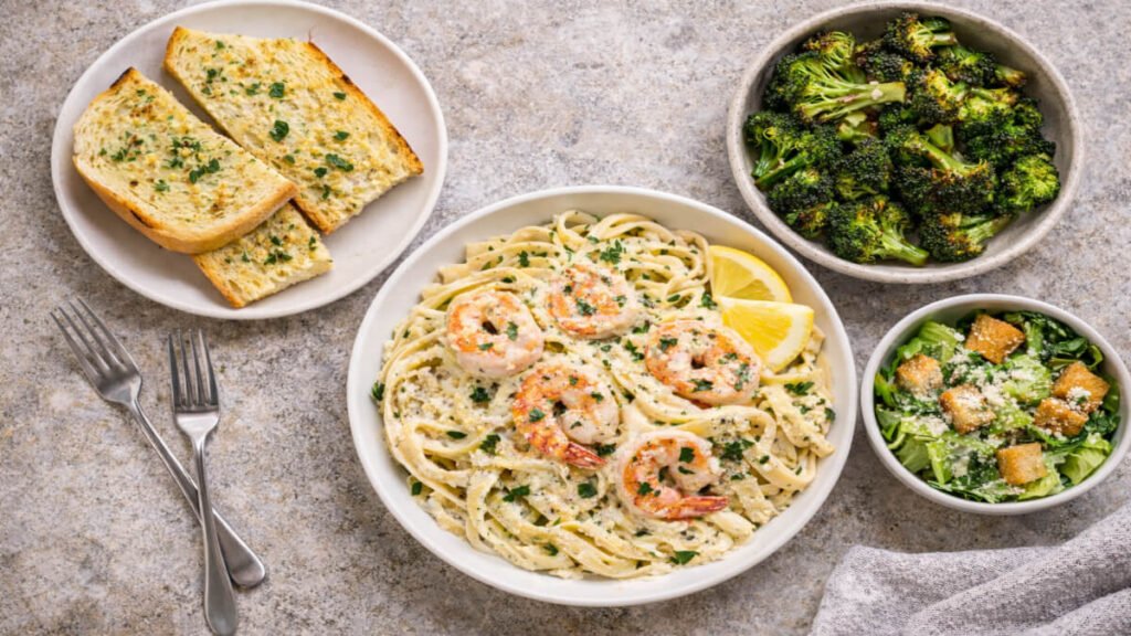 Shrimp Alfredo pasta served with garlic bread, Caesar salad, and roasted broccoli on a dinner table