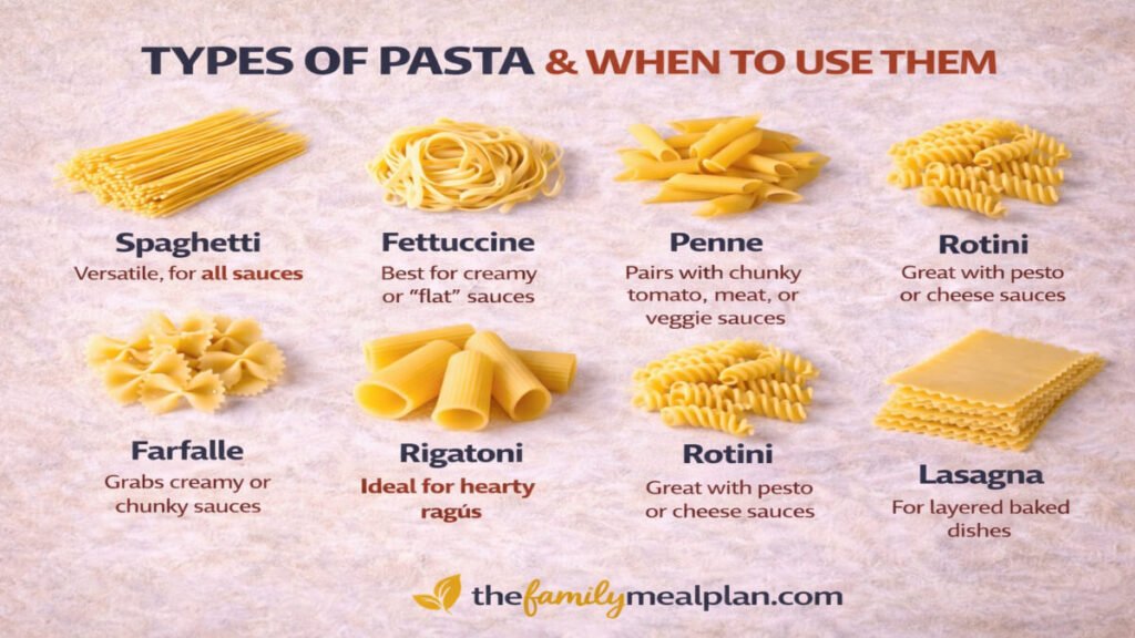 Visual guide showing different types of pasta including spaghetti, penne, fettuccine, rigatoni, and more with usage ideas