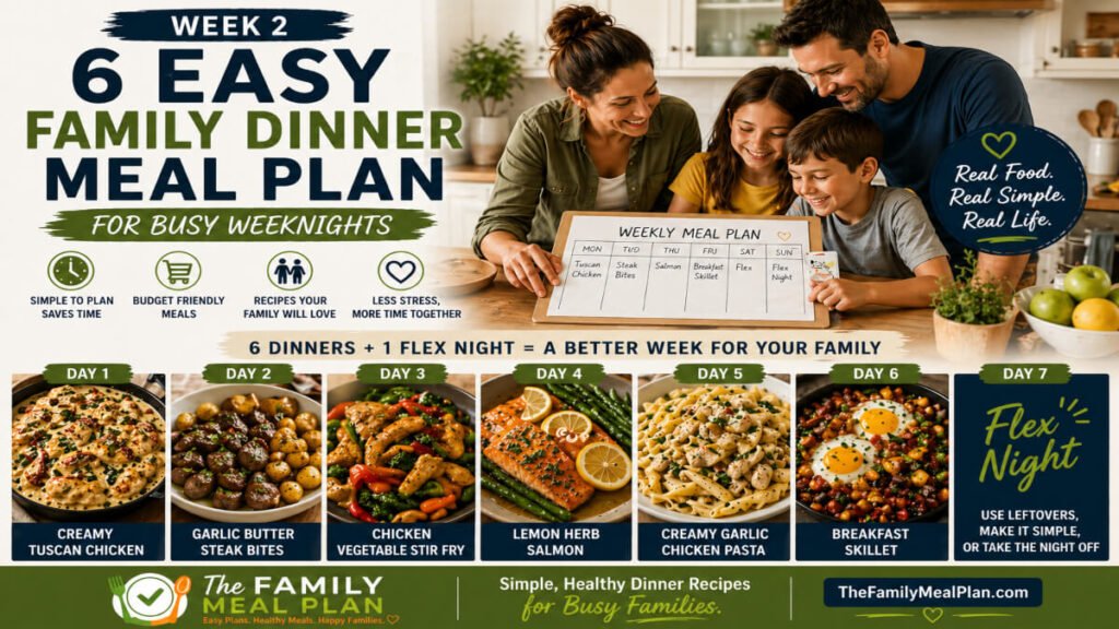 week 2 easy family dinner meal plan with 6 dinners and flex night for busy weeknights healthy budget meals