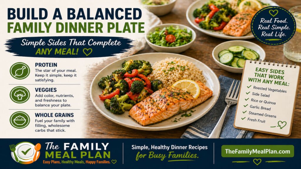 balanced family dinner plate with protein vegetables and grains healthy meal planning idea for busy families