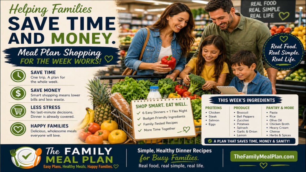 family grocery shopping for weekly meal plan saving time and money with healthy budget friendly ingredients