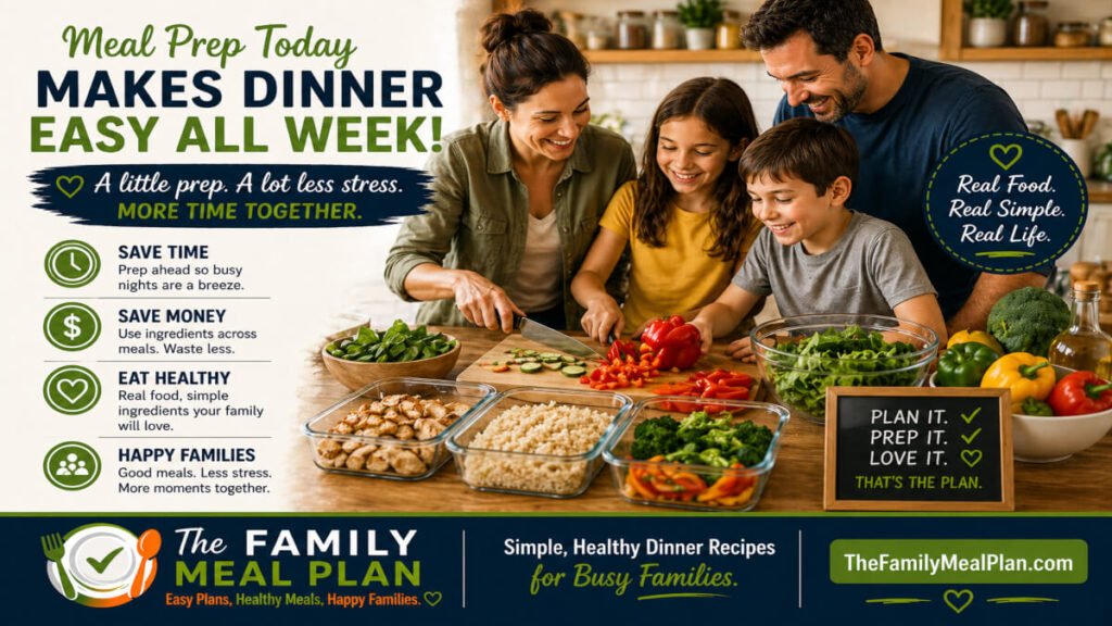 family meal prep chopping vegetables and preparing ingredients for weekly dinner meal plan