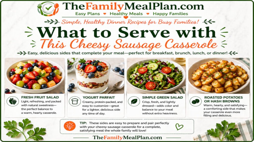What to serve with cheesy sausage casserole including fruit salad, yogurt parfait, green salad, and roasted potatoes