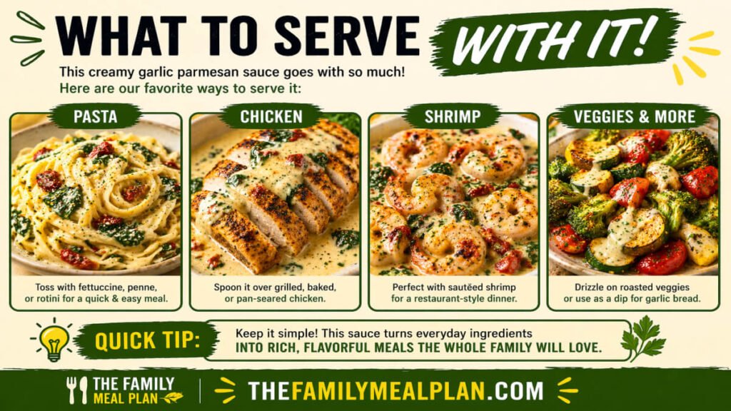 What to serve with creamy garlic parmesan sauce including pasta chicken shrimp and roasted vegetables