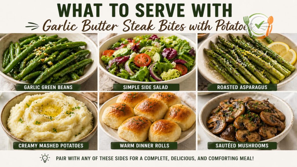 What to serve with garlic butter steak bites with potatoes including green beans salad asparagus mashed potatoes rolls and mushrooms