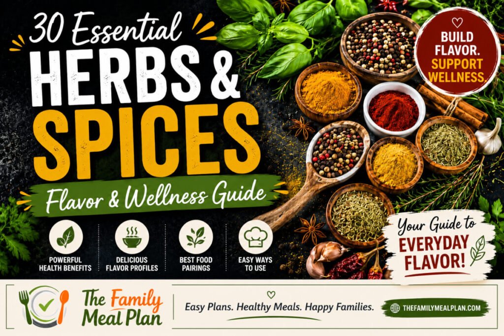 30 essential herbs and spices flavor and wellness guide featuring health benefits, flavor profiles, food pairings, and everyday cooking inspiration from The Family Meal Plan