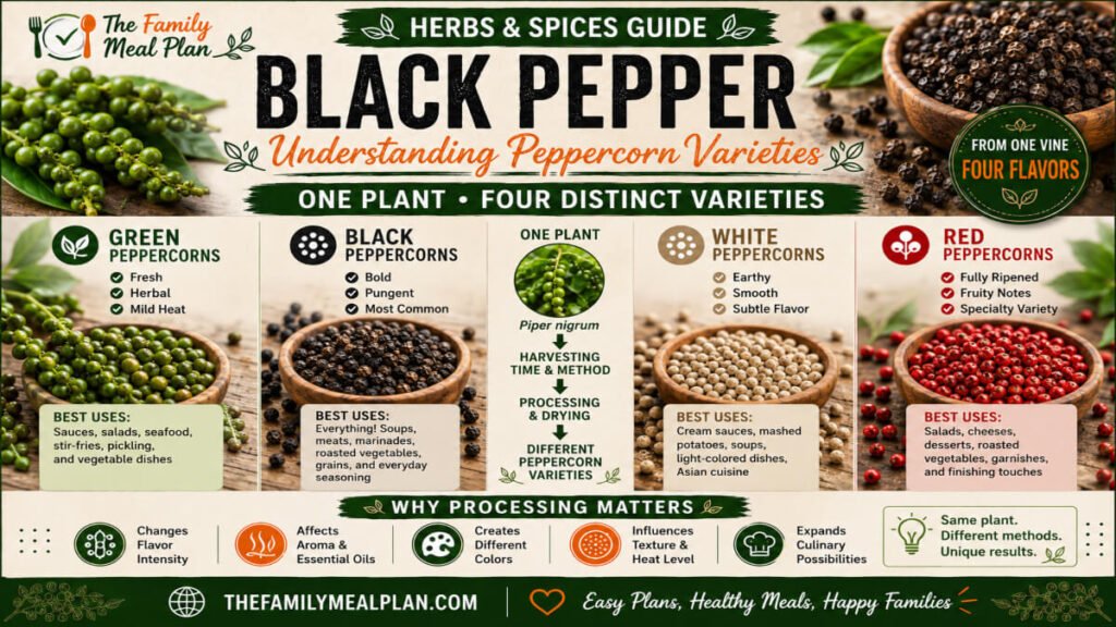 Black pepper varieties guide comparing green, black, white, and red peppercorns with flavor differences and culinary uses.