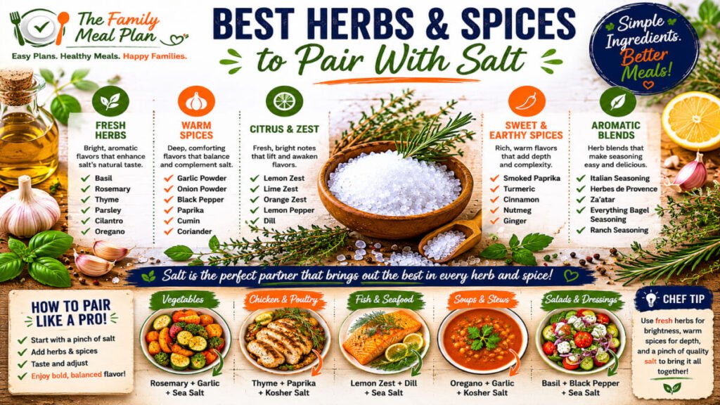 Infographic showing the best herbs and spices to pair with sea salt and kosher salt, including garlic, black pepper, rosemary, thyme, oregano, basil, paprika, and red pepper flakes.