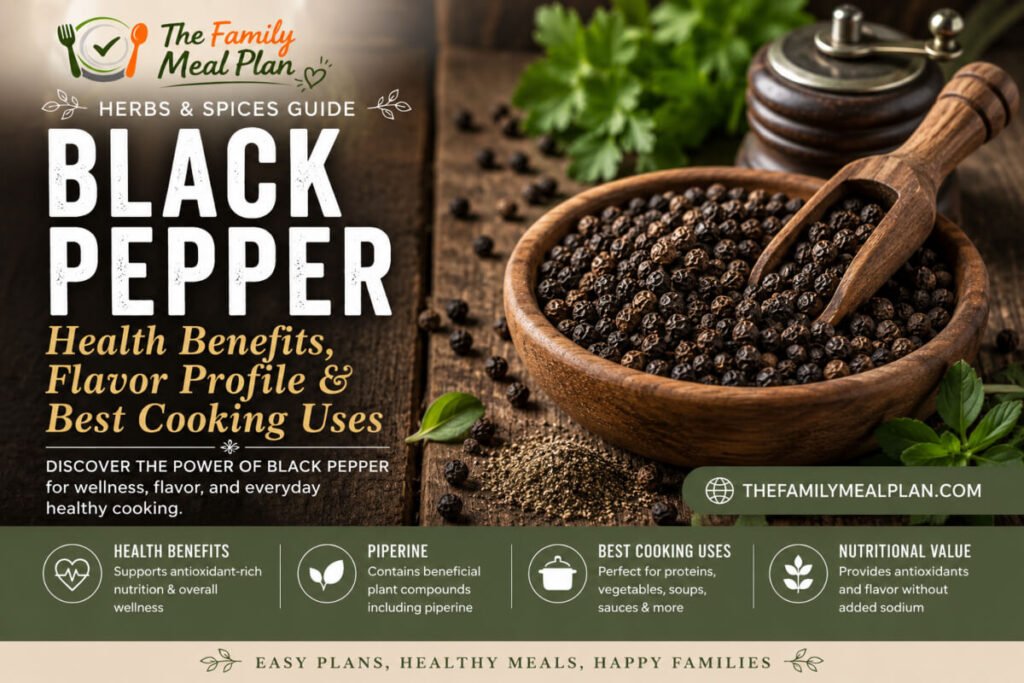 Black pepper health benefits flavor profile and best cooking uses guide featuring whole peppercorns, ground black pepper, piperine information, cooking applications, and wellness-focused seasoning tips.