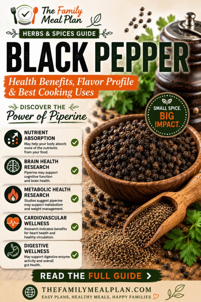 Pinterest pin featuring black pepper health benefits, piperine, nutrient absorption, brain health research, metabolic health research, cardiovascular wellness, flavor profile, and cooking uses.