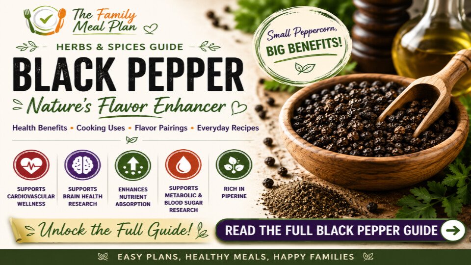 Black Pepper health benefits summary guide featuring piperine, antioxidant benefits, nutrient absorption support, digestive wellness, flavor profile, and cooking uses.