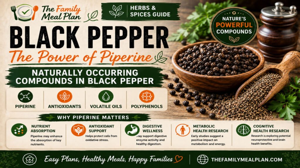 Black pepper naturally occurring compounds guide featuring piperine, antioxidants, volatile oils, polyphenols, nutrient absorption, digestive wellness, metabolic health research, and cognitive health research.