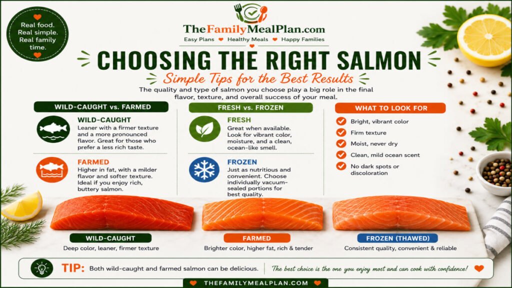 How to choose the right salmon including wild-caught vs farmed, fresh vs frozen, and what to look for when buying salmon