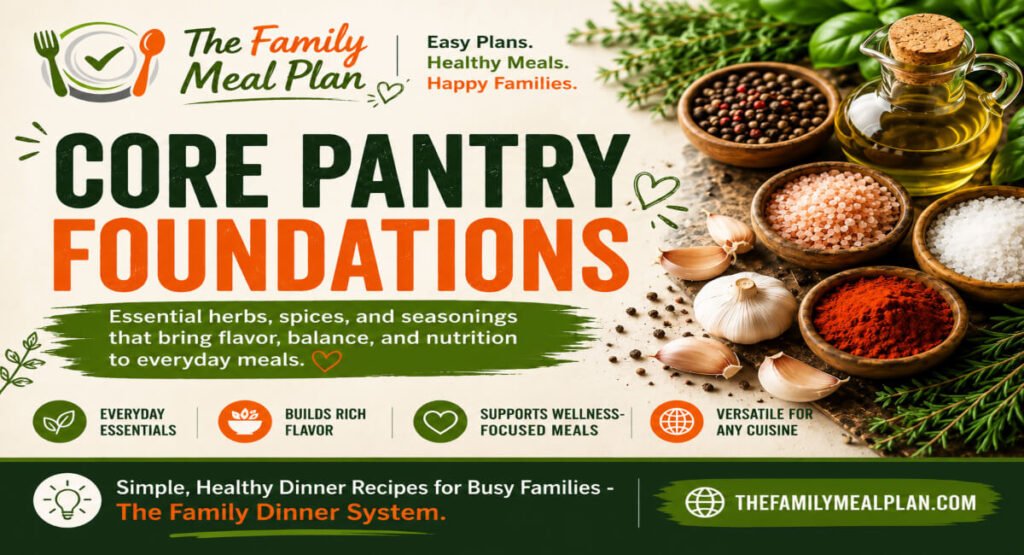 Core pantry foundations herbs and spices guide featuring garlic, sea salt, olive oil, paprika, and healthy cooking essentials from The Family Meal Plan