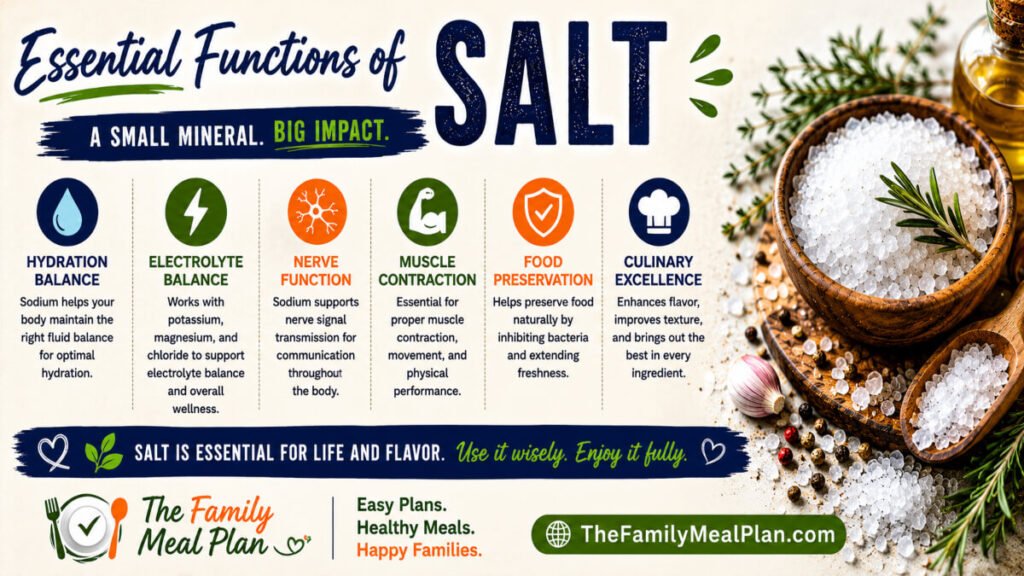Infographic explaining the essential functions of salt including hydration balance, electrolyte regulation, nerve function, muscle contraction, food preservation, and culinary uses.